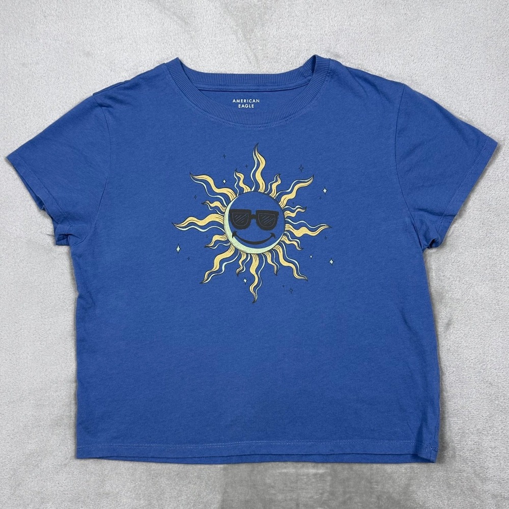 American‎ Eagle Blue Smiley Sun Graphic Crop Tee Women's Small Layering Top